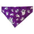 Handmade purple polycotton over-the-collar Halloween bandana for cats and dogs featuring playful white ghosts and small black bats