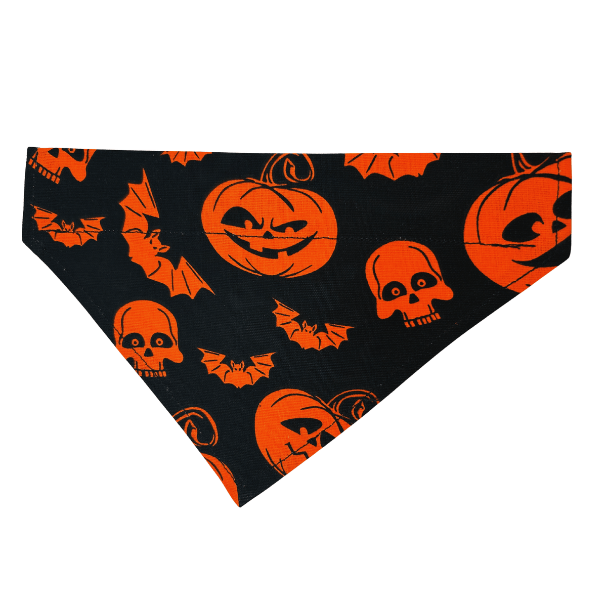 Handmade black cotton Halloween over-the-collar bandana for cats and dogs featuring bright orange pumpkins, skulls and flying bats