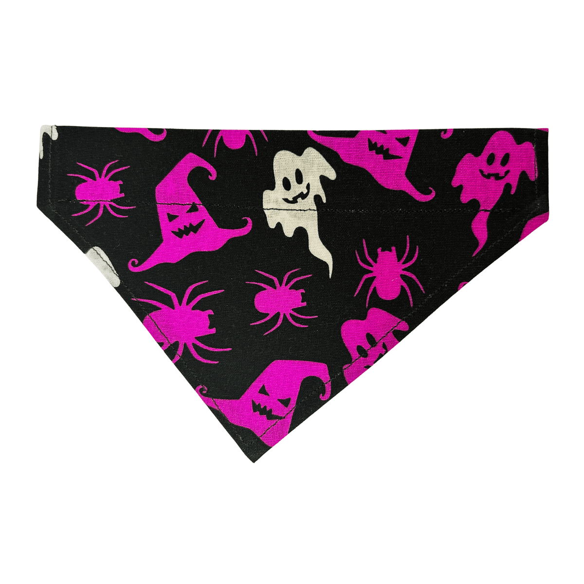 Handmade black Halloween over-the-collar pet bandana with vivid purple and white ghosts, witch hats and spiders for cats and dogs