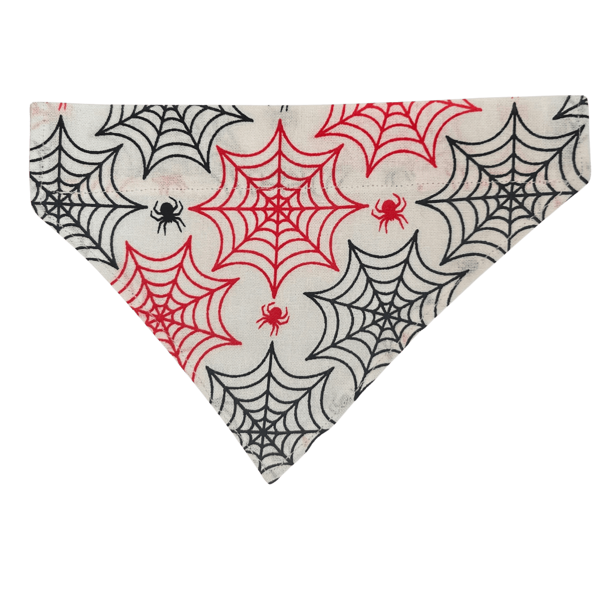 Handmade light cotton over the collar Halloween bandana for cats and dogs featuring bold red and black spider webs with tiny spiders