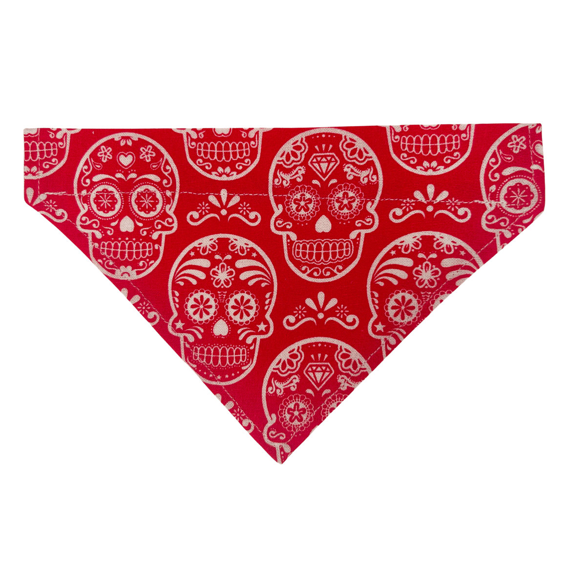Handmade red cotton over the collar bandana for cats and dogs featuring detailed cream sugar skulls with flowers, hearts and diamonds