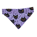 Handmade cotton lilac Halloween over-the-collar bandana with cute black cat faces for cats and dogs.