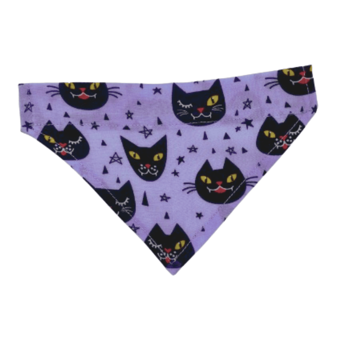 Handmade cotton lilac Halloween over-the-collar bandana with cute black cat faces for cats and dogs.