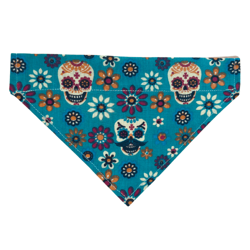 Handmade polycotton aqua sugar skull over-the-collar Halloween bandana for cats and dogs with colourful floral design.