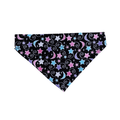 Handmade Colourful Moon and Stars over the collar bandana for cats and dogs, featuring pink, turquoise and purple stars, patterned crescent moons and grey swirls on black fabric.