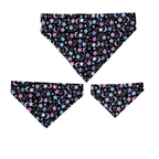 Handmade Colourful Moon and Stars over the collar bandana for cats and dogs, featuring pink, turquoise and purple stars, patterned crescent moons and grey swirls on black fabric. 3 sizes