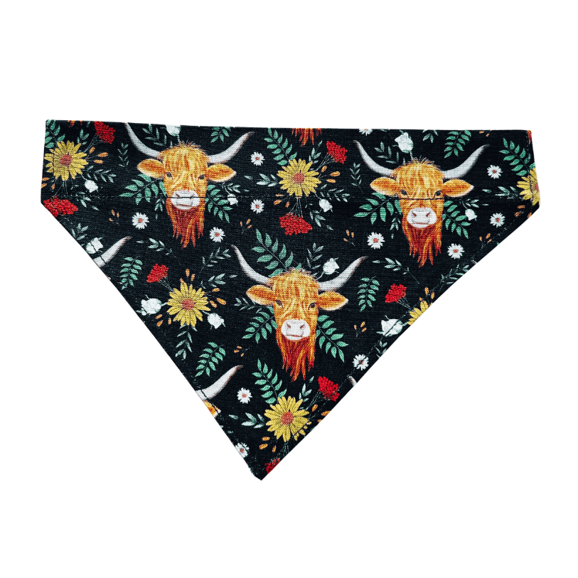 Handmade Highland cow over the collar bandana for cats and dogs, featuring shaggy ginger Highland cattle, yellow sunflowers, white daisies and colourful wildflowers on dark cotton fabric.