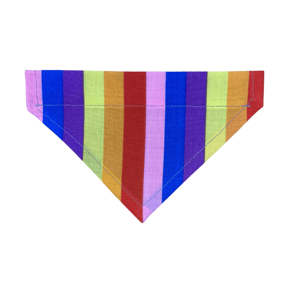 Handmade Rainbow over the collar bandana for cats and dogs, featuring bold vertical stripes in pink, blue, purple, lime green, yellow and red polycotton fabric.