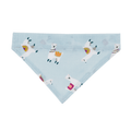 Handmade Sky Blue Llamas over the collar bandana for cats and dogs, featuring playful white llamas wearing colourful patterned blankets on pale blue polycotton fabric.