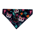 Handmade over-the-collar cat and dog bandana featuring colourful sugar skull cats, flowers and hearts on a dark background