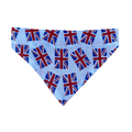 Handmade Union Jack over the collar bandana for cats and dogs, featuring red, white and blue British flags scattered across fresh white polycotton fabric.