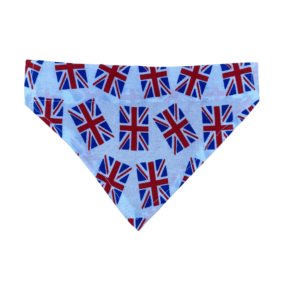 Handmade Union Jack over the collar bandana for cats and dogs, featuring red, white and blue British flags scattered across fresh white polycotton fabric.