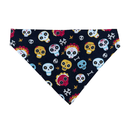 Handmade colourful sugar skull Halloween over-the-collar cotton bandana for cats and dogs on black fabric.