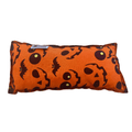 Handmade Halloween silvervine kicker cat toy with orange spooky pumpkin fabric design.