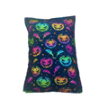 Handmade Halloween silvervine pillow cat toy with colourful spooky pumpkin and bat fabric design.