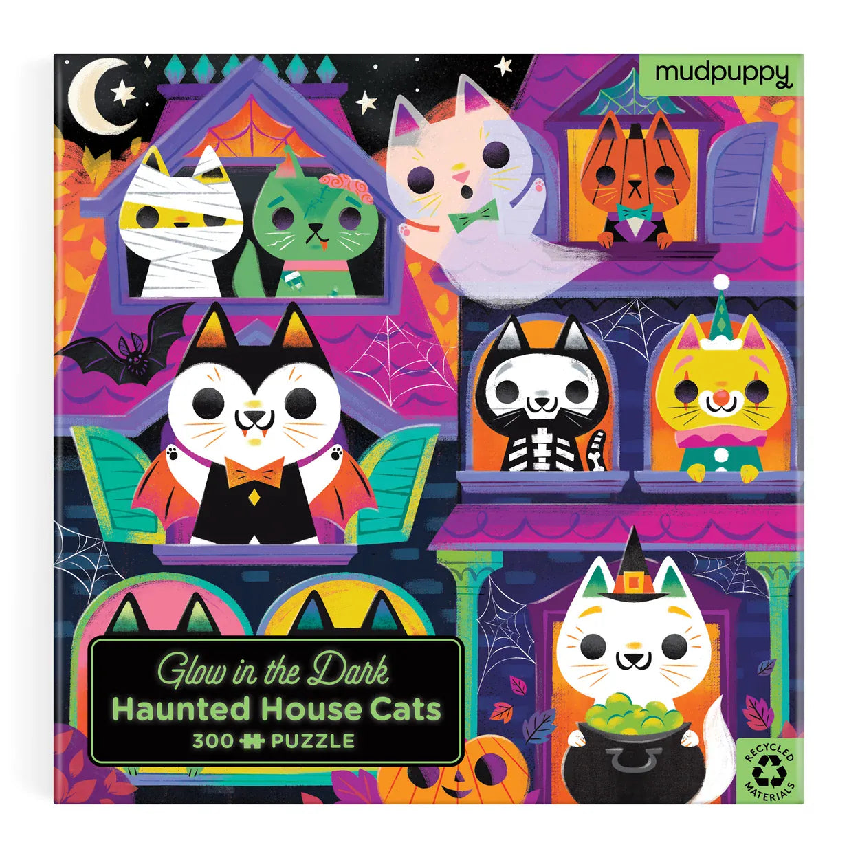 Front of Mudpuppy Haunted House Cats 300-piece glow-in-the-dark puzzle box with colourful Halloween cat illustration