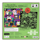 Back of Mudpuppy Haunted House Cats puzzle box showing the colourful daytime artwork and hidden glow-in-the-dark surprises