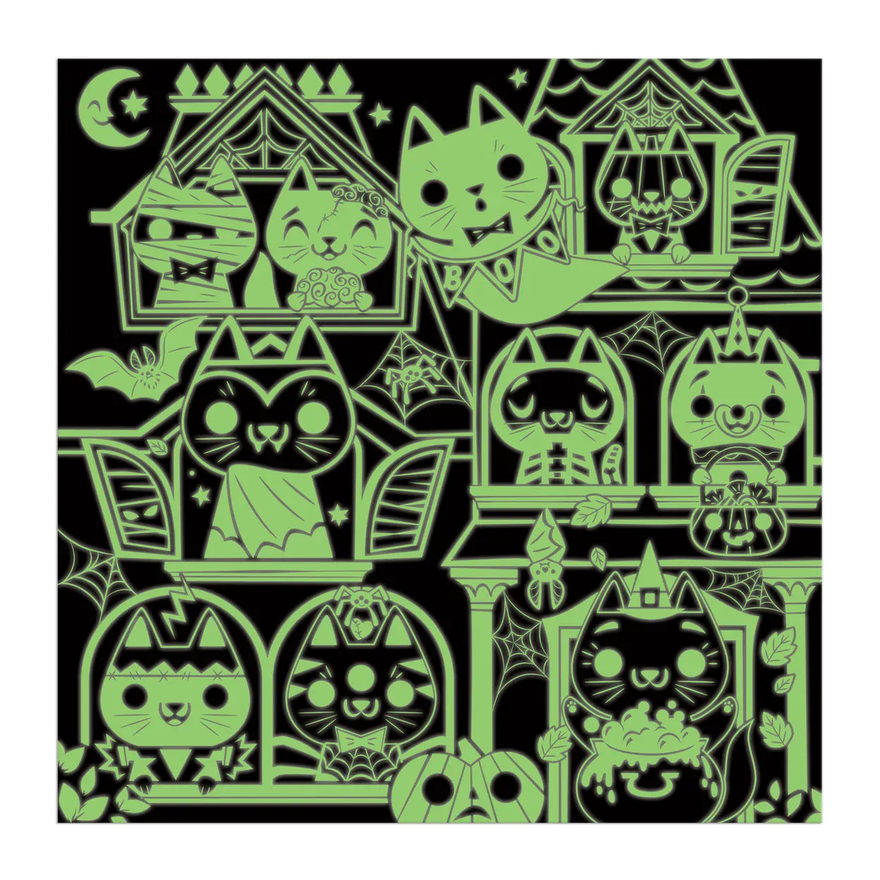 Glow-in-the-dark Haunted House Cats puzzle effect revealing luminous green costumed cats, cobwebs, moon and Halloween details