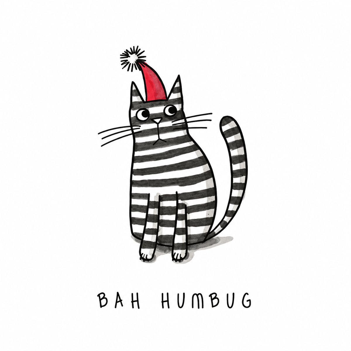 Hayley Trampenau "Bah Humbug" cat Christmas card with stripy cat wearing a red Santa hat