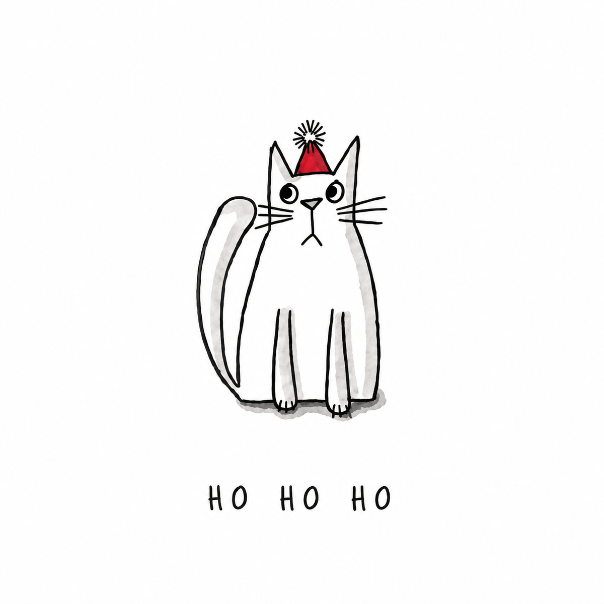 Hayley Trampenau Ho Ho Ho cat Christmas card with grumpy white cat wearing a red Santa hat