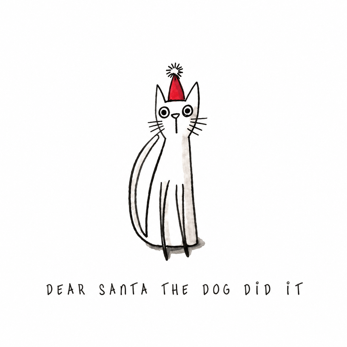Hayley Trampenau Dear Santa The Dog Did It Christmas card with white cat wearing a red Sa