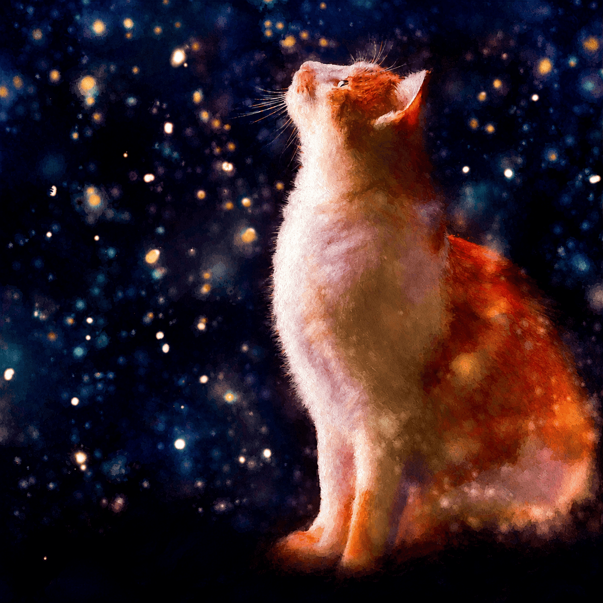 Helen White Snow Gazing greeting card featuring a ginger and white cat looking upwards beneath a magical dark blue twinkling night sky