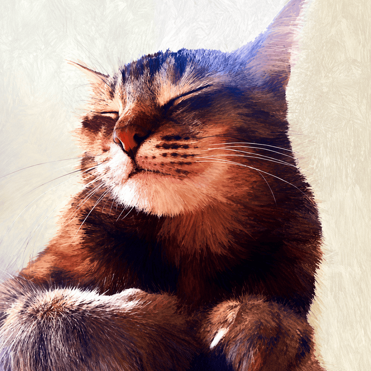 Helen White The Cat that got the Cream greeting card featuring a contented tabby cat with eyes closed and a wonderfully satisfied expression