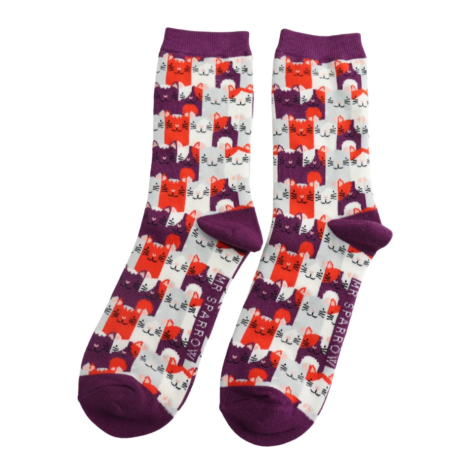 Mr Sparrow Men's Bamboo Socks 'Happy Cats' Purple