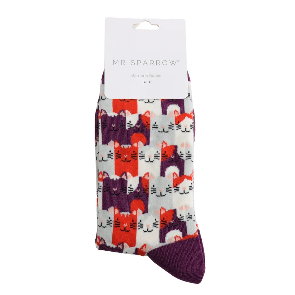 Mr Sparrow Men's Bamboo Socks 'Happy Cats' Purple