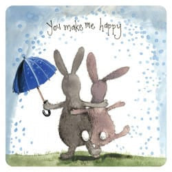 Alex Clark You Make Me Happy coaster featuring two rabbits walking arm in arm beneath a blue umbrella against a pale blue raindrop background.