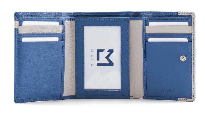 Mala Leather Peek a Boo Cats Large Tri Fold Purse RFID Blue