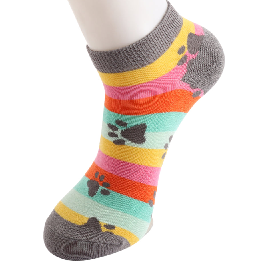 Miss Sparrow Ladies Bamboo Trainer Socks Paw Prints & Stripes