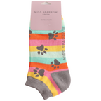 Miss Sparrow Ladies Bamboo Trainer Socks Paw Prints & Stripes