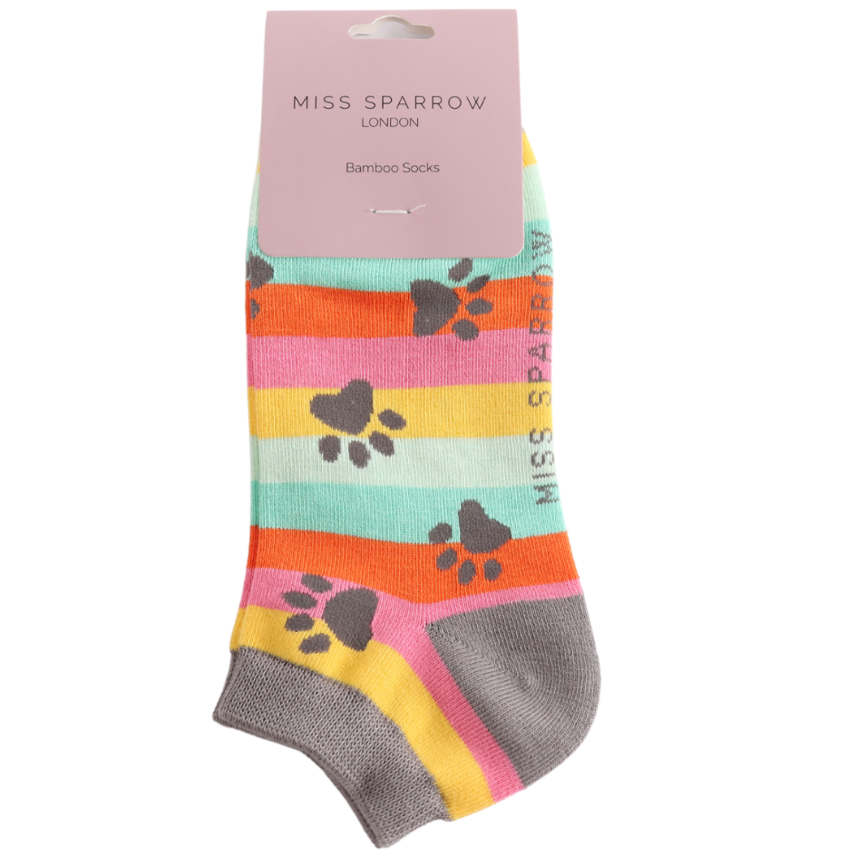 Miss Sparrow Ladies Bamboo Trainer Socks Paw Prints & Stripes