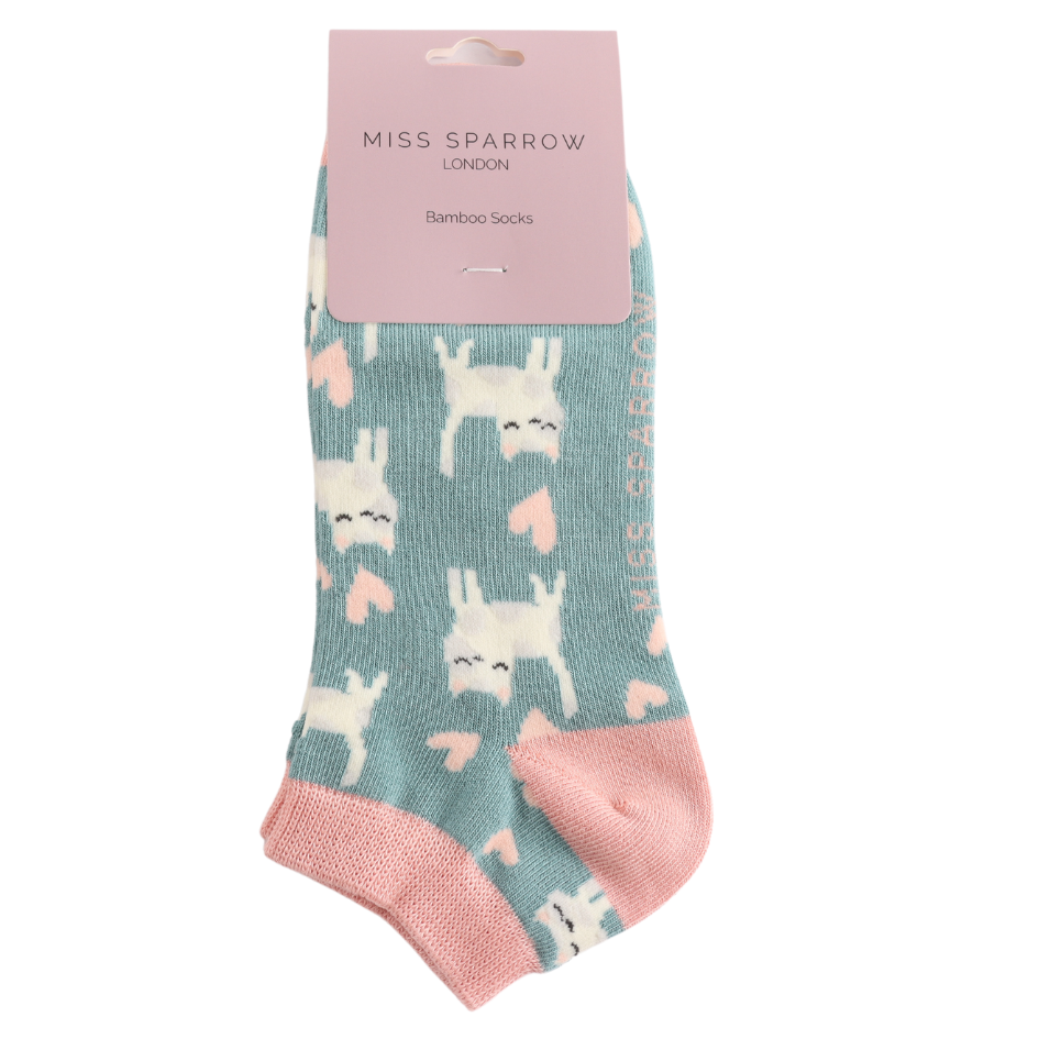 Miss Sparrow Ladies Bamboo Trainer Socks 'Sleepy Cats’ Duck Egg