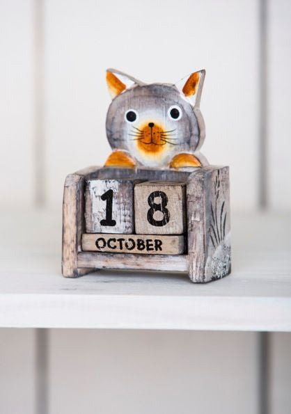 Fair Trade Handmade Wooden Cat Perpetual Calendar