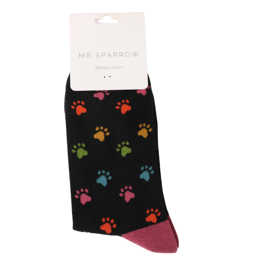 Mr Sparrow Men's Bamboo Cat Socks ‘Multi Paw Prints’ Black