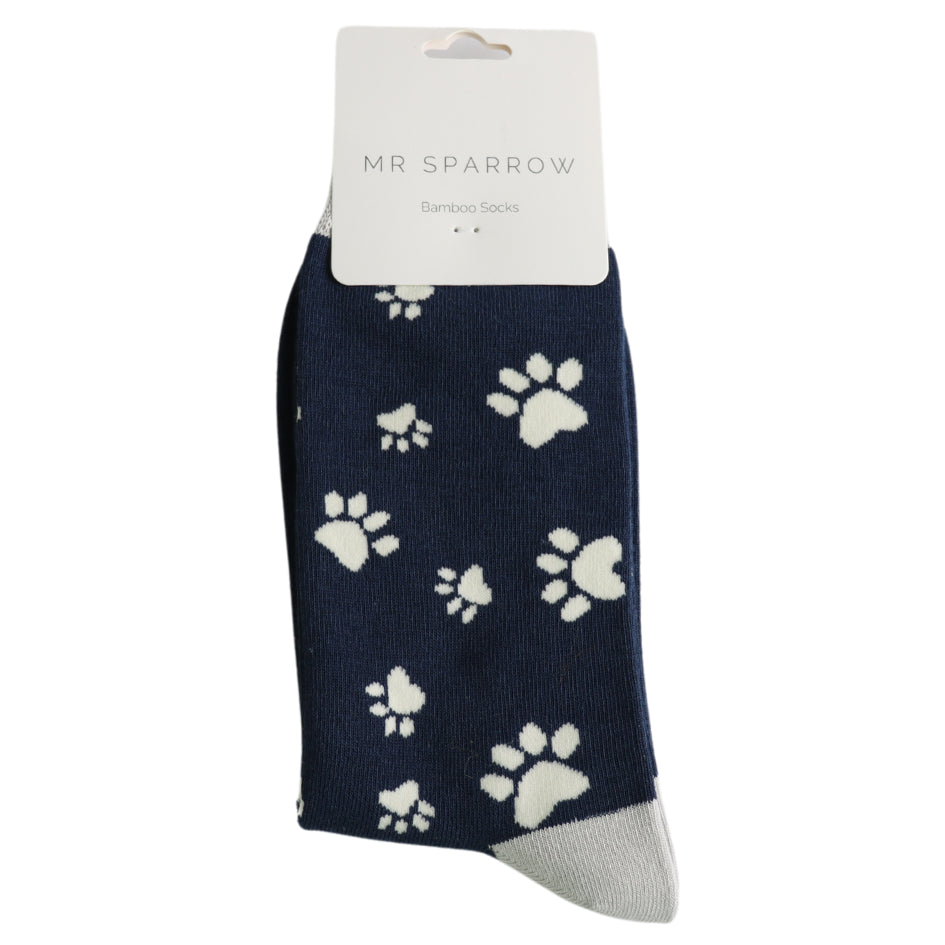 Mr Sparrow Men's Bamboo Cat Socks ‘Paw Print’ Navy