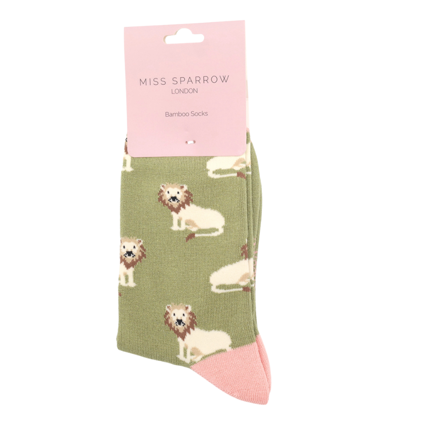 Miss Sparrow Ladies Bamboo Cat Socks 'Lions’ Olive
