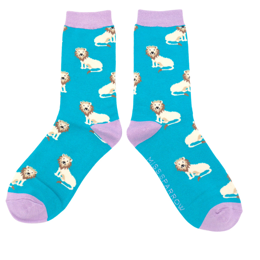 Miss Sparrow Ladies Bamboo Cat Socks 'Lions’ Turquoise