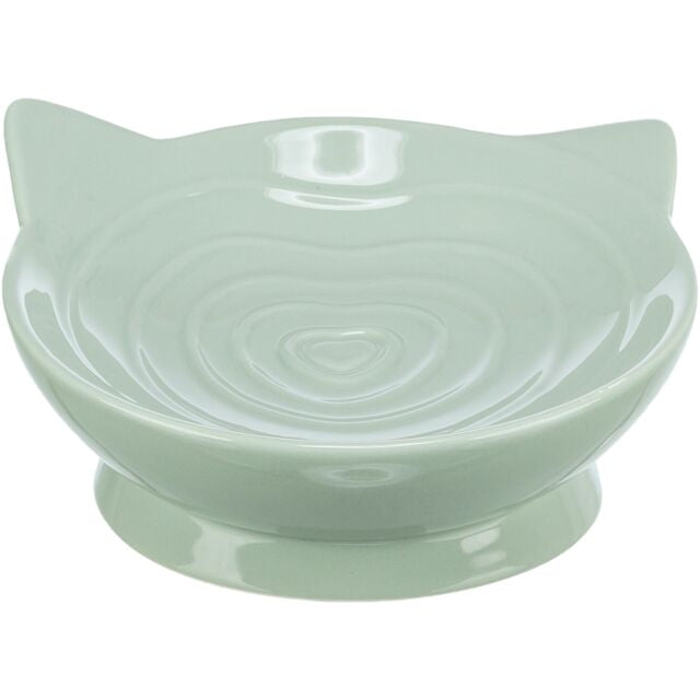 Light green ceramic bowl shaped like a cat's face on a white background