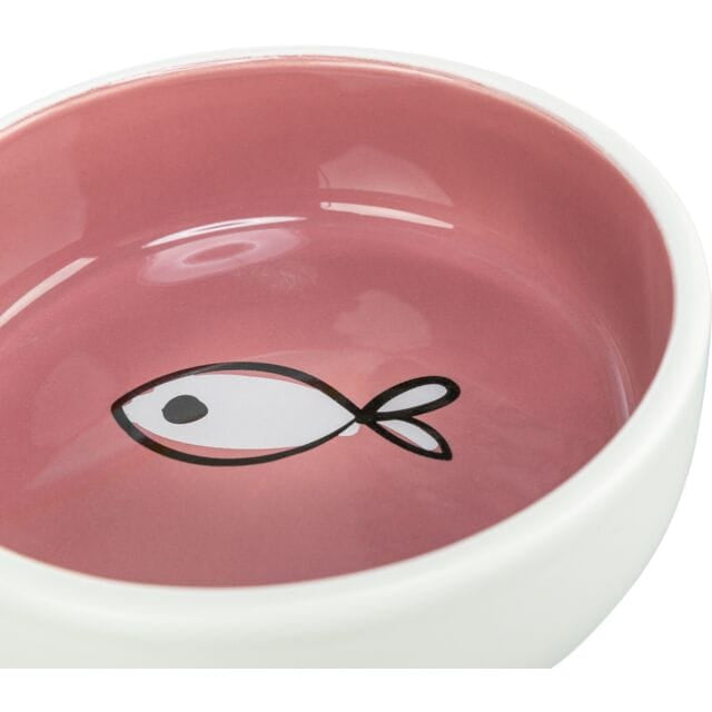 Inside view of Trixie ceramic cat food and water bowl with dark red interior and fish illustration