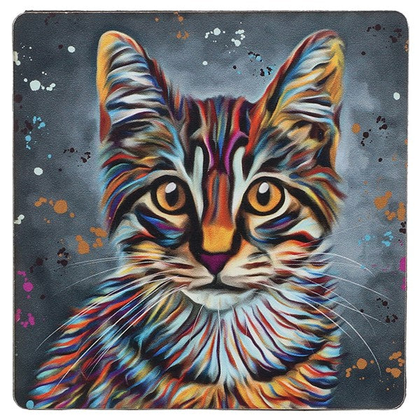 Aquamarine Colourful Tabby Cat Square Coaster Art by Deborah Barker