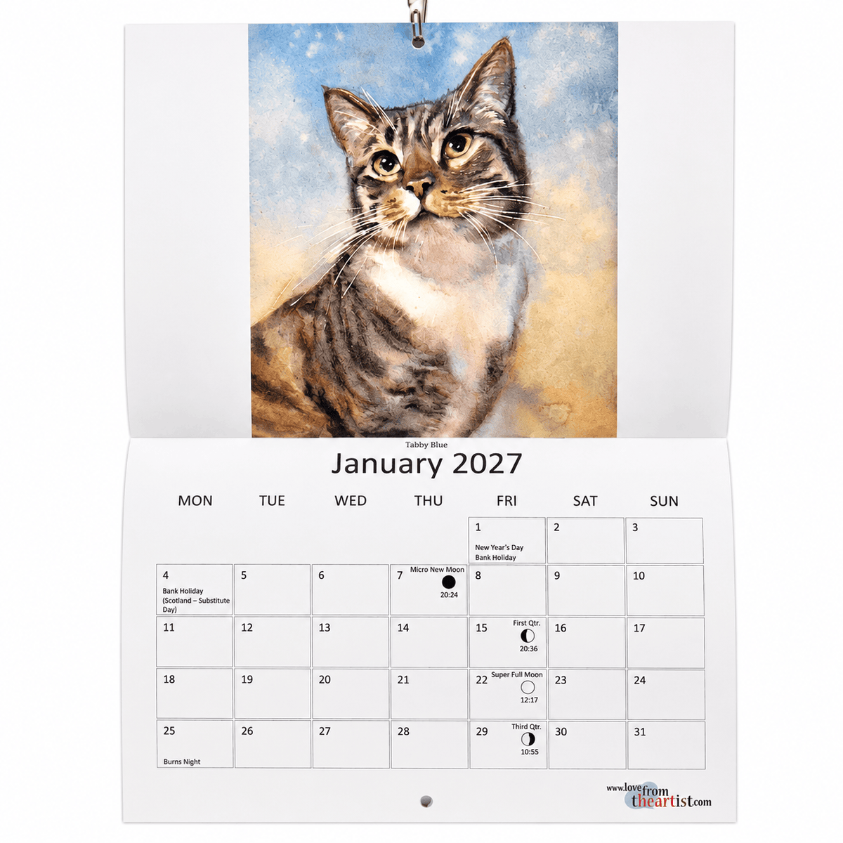 Marie Brown 2027 Cat Calendar open at January with Tabby Blue cat artwork and monthly calendar grid