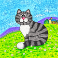 Jane Brookshaw Archie greeting card featuring a quirky grey tabby cat sitting amongst daisies in a colourful countryside scene