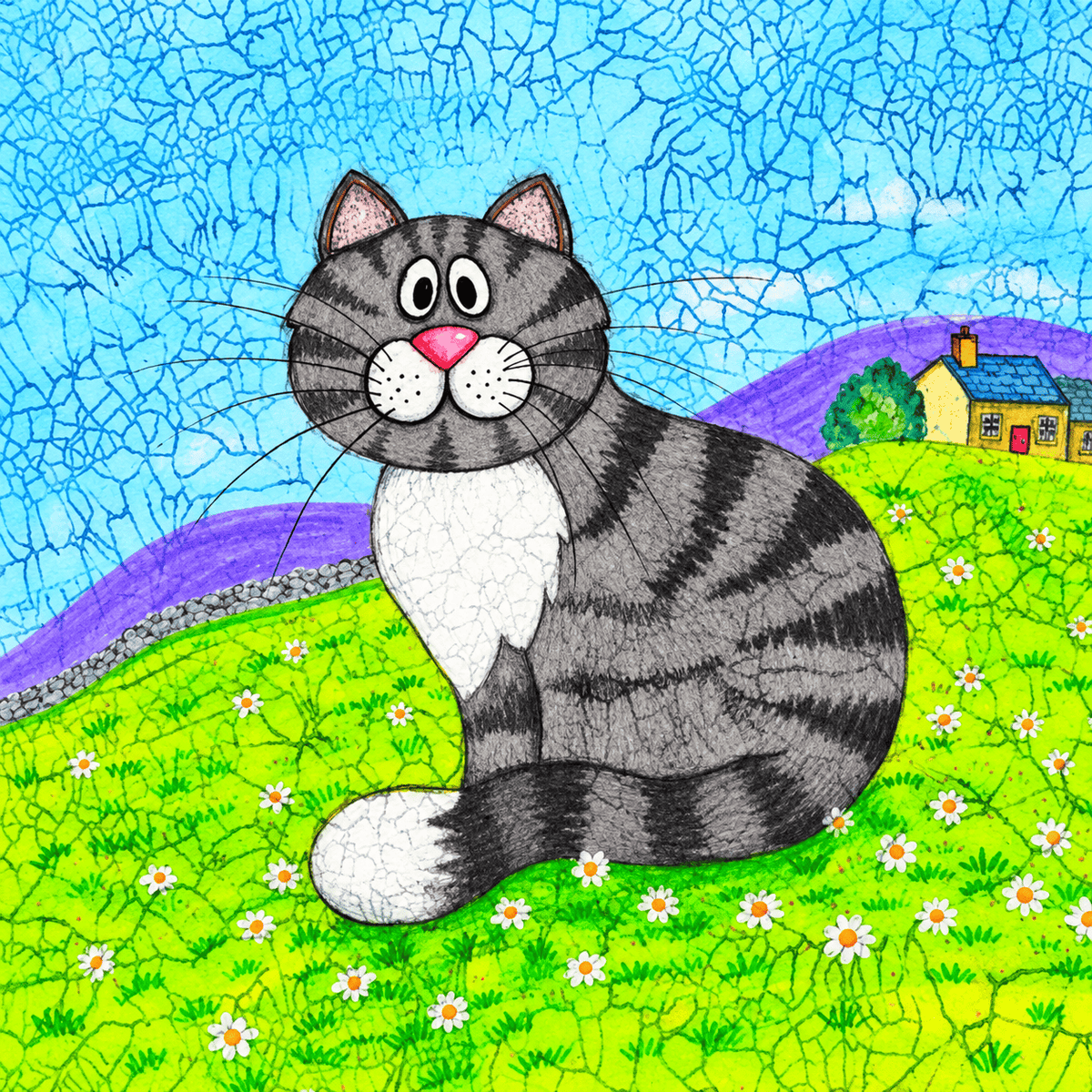 Jane Brookshaw Archie greeting card featuring a quirky grey tabby cat sitting amongst daisies in a colourful countryside scene