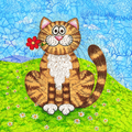 Jane Brookshaw Henry cat greeting card featuring a cheerful cartoon-style tabby holding a red flower in a colourful meadow