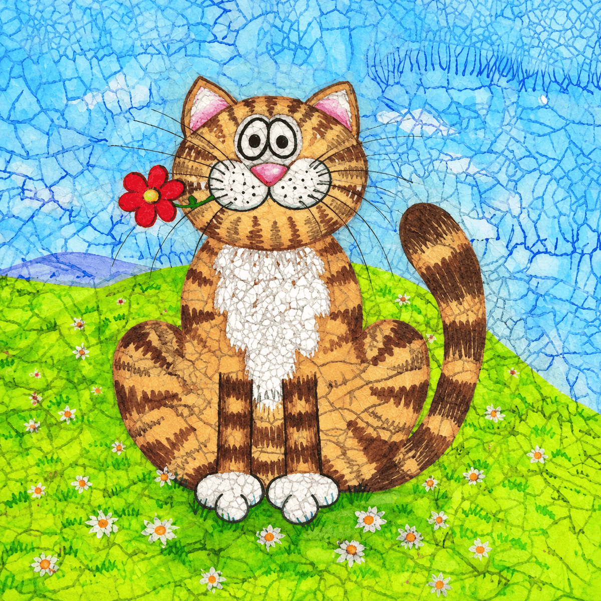 Jane Brookshaw Henry cat greeting card featuring a cheerful cartoon-style tabby holding a red flower in a colourful meadow