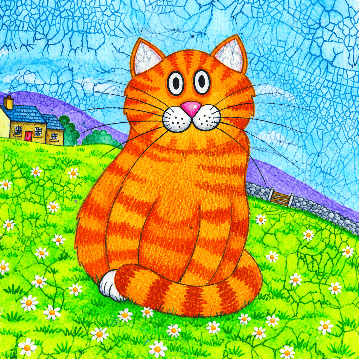 Jane Brookshaw Lulu greeting card featuring a cheerful ginger tabby cat sitting amongst daisies in a colourful countryside scene