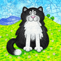 Jane Brookshaw Mimi greeting card featuring a quirky black and white cat sitting amongst daisies in colourful countryside